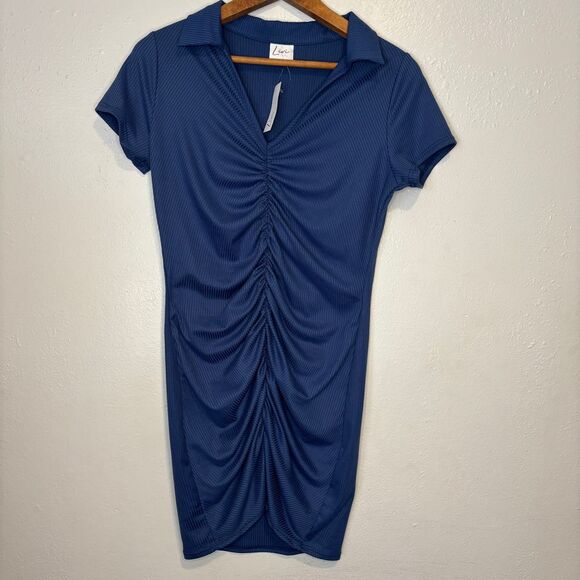 Olivia Rae Dresses & Skirts - Livi by Olivia Rae Blue Short Sleeve Collared Ruched Midi Dress Womens NWT Large